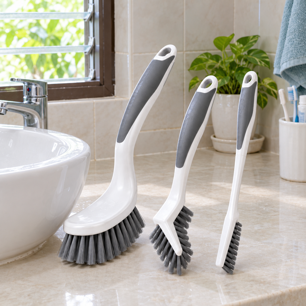 3-piece household cleaning brush set neatly arranged on a bathroom counter in a Thai home