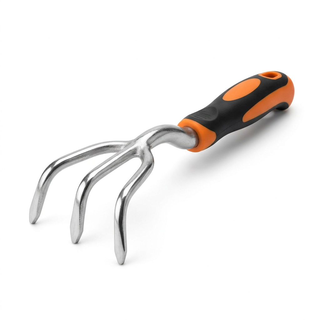 Single polished cast aluminum garden hand cultivator with 3 curved tines facing viewer and ergonomic black and orange handle on pure white background