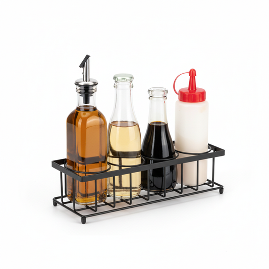Kitchen bottle storage rack holding cooking oil and sauce bottles upright on pure white background