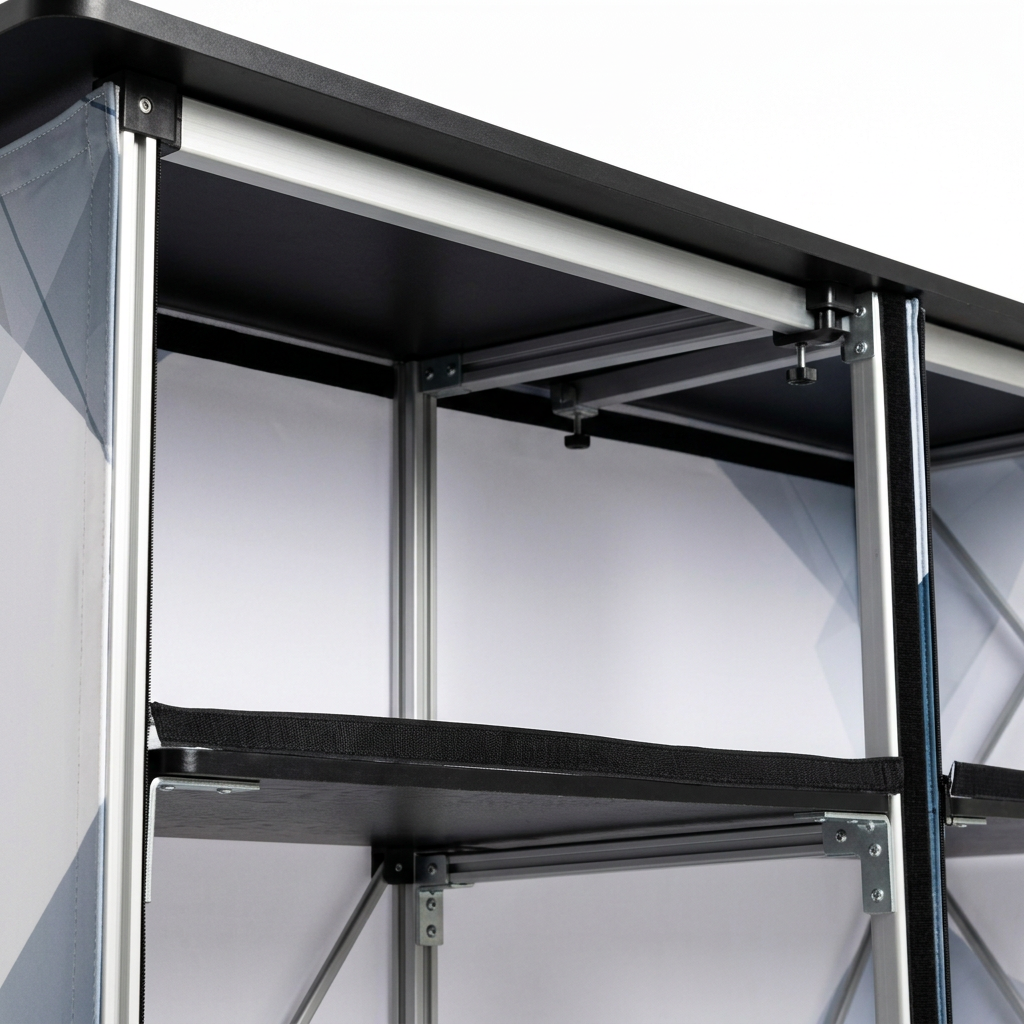 Detail close-up of registration counter showing rear internal storage shelves and aluminum frame joinery on white background