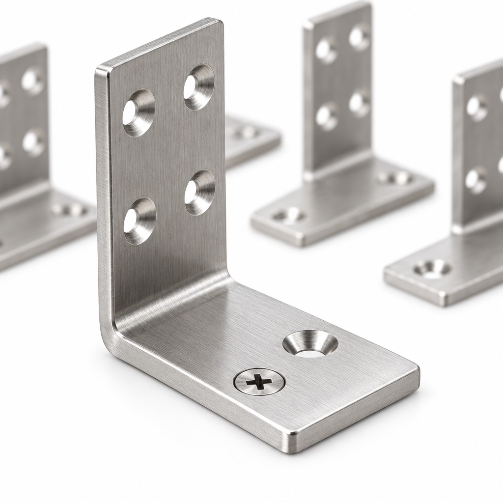 Close-up macro view of the 90-degree bend radius, deburred stamped edges, and beveled countersunk screw holes of an L-bracket on a pure white background