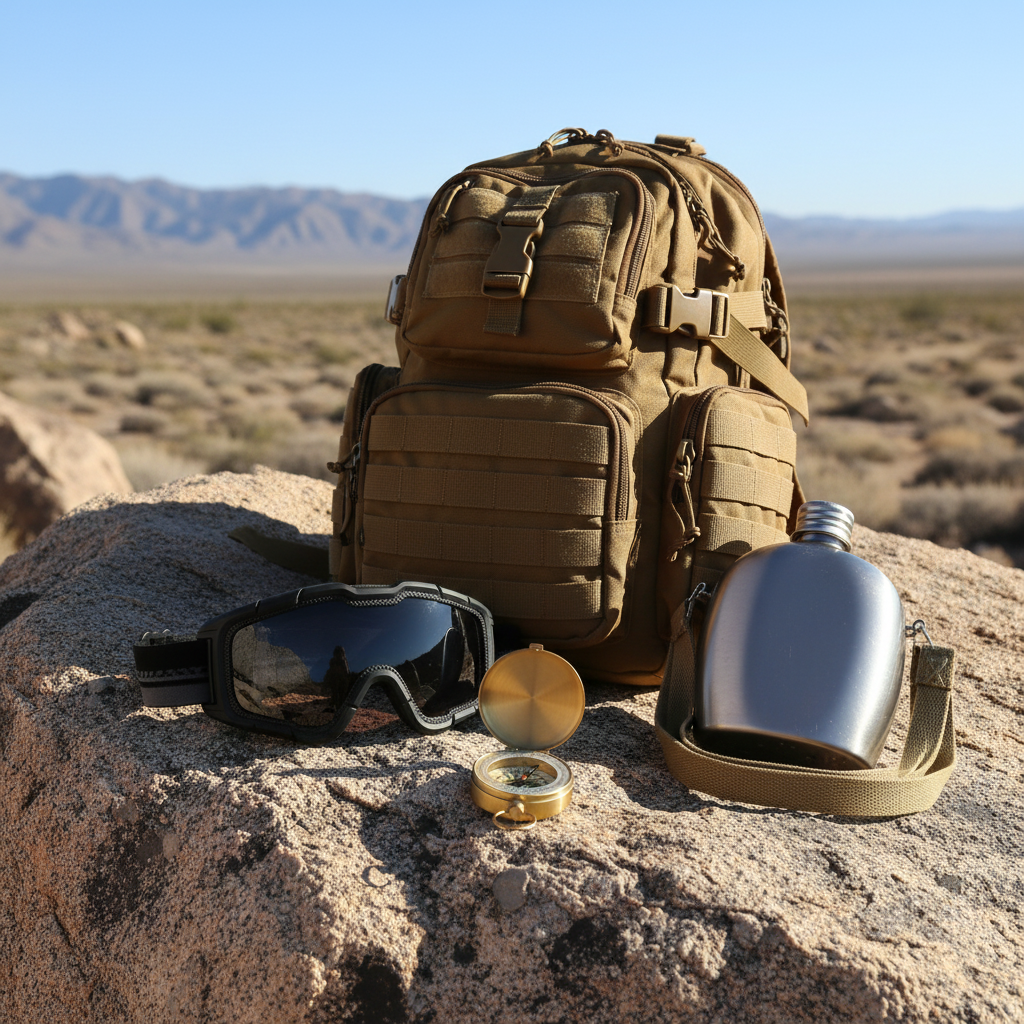 Outdoor protective goggles on natural stone beside backpack and compass