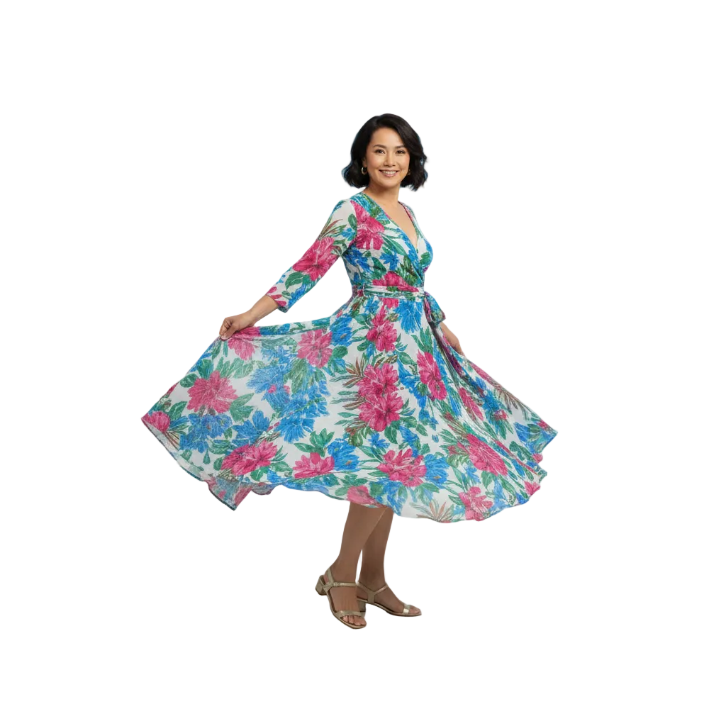 Women’s Wrap Midi Dress with Adjustable Waist Tie