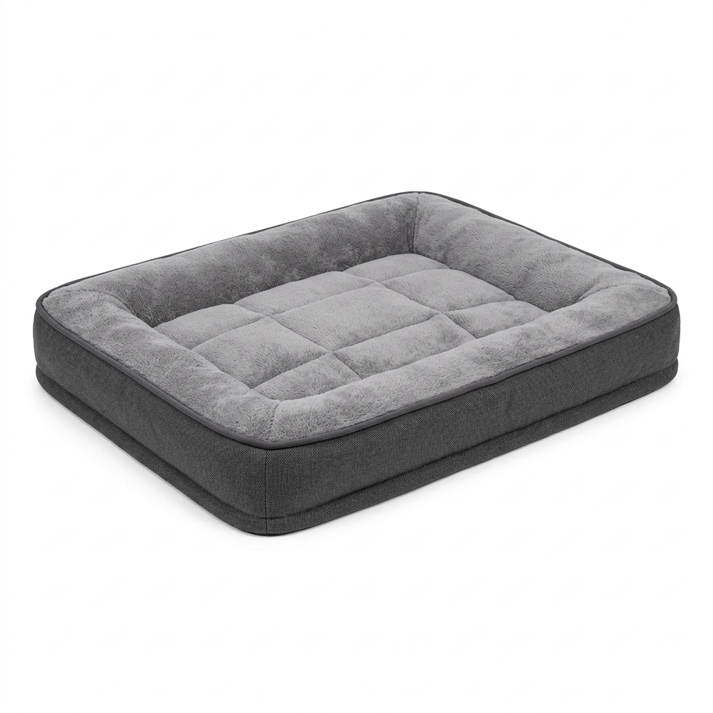 Rectangular padded dog bed with box-quilted baffle stitching and soft plush sleeping surface on pure white background