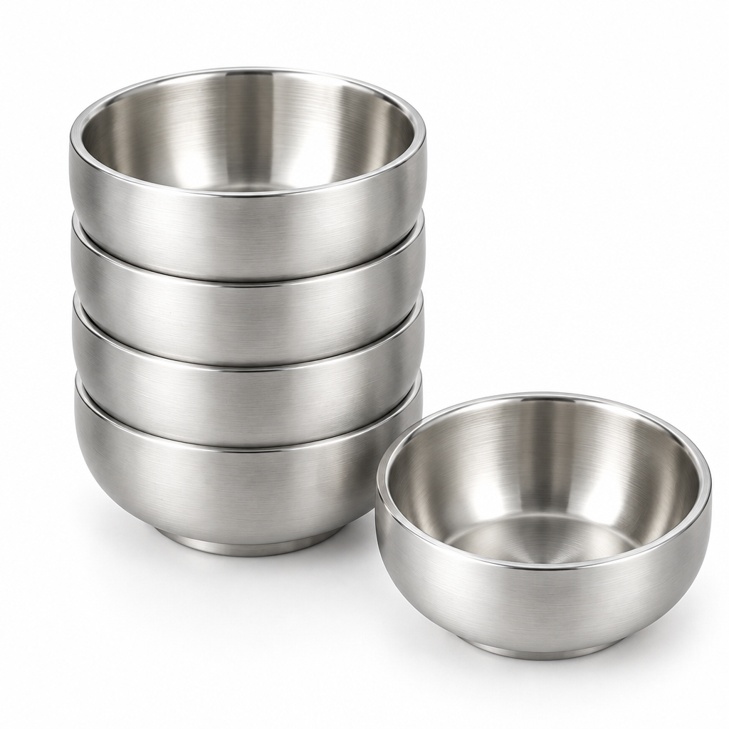 Stack of four double-wall stainless steel rice bowls nested together with one bowl in front showing stackable storage on a pure white background