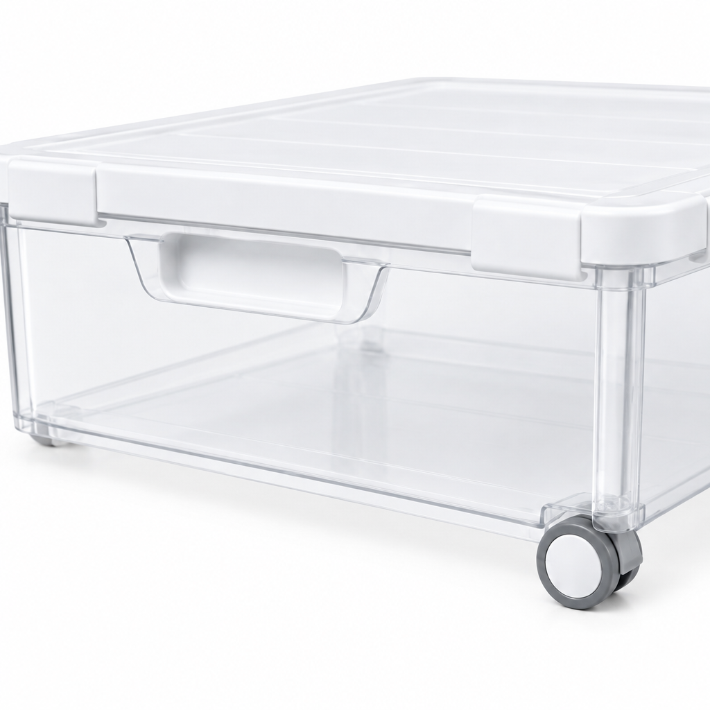 Close-up of the under-bed storage box front handle, lid edge and bottom wheel
