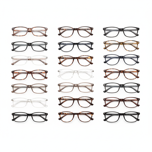 Assortment of diverse reading glasses styles neatly arranged flat lay on white background