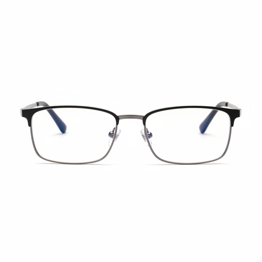 Men's rectangular reading glasses with matte black frame front view on white background