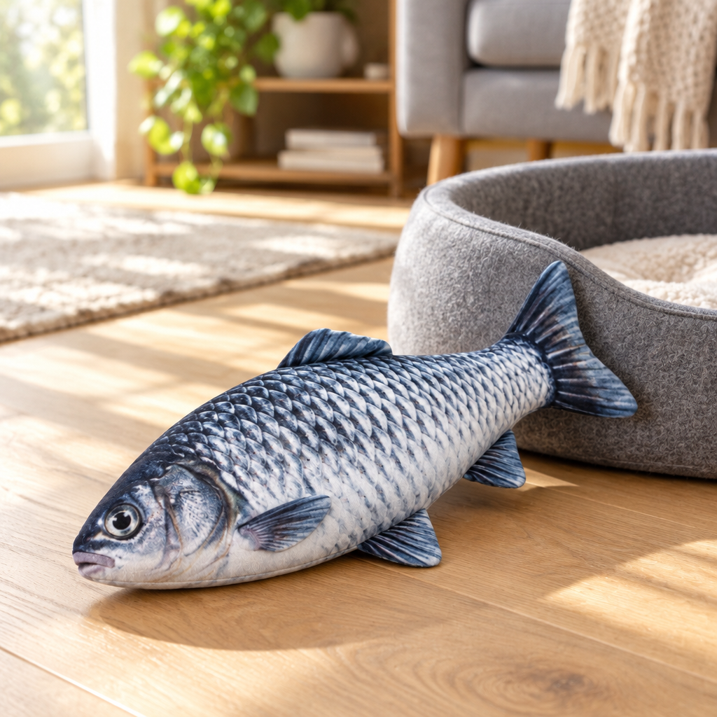 Plush simulation fish catnip kicker toy resting beside grey felt cat bed on living room floor in morning sunlight