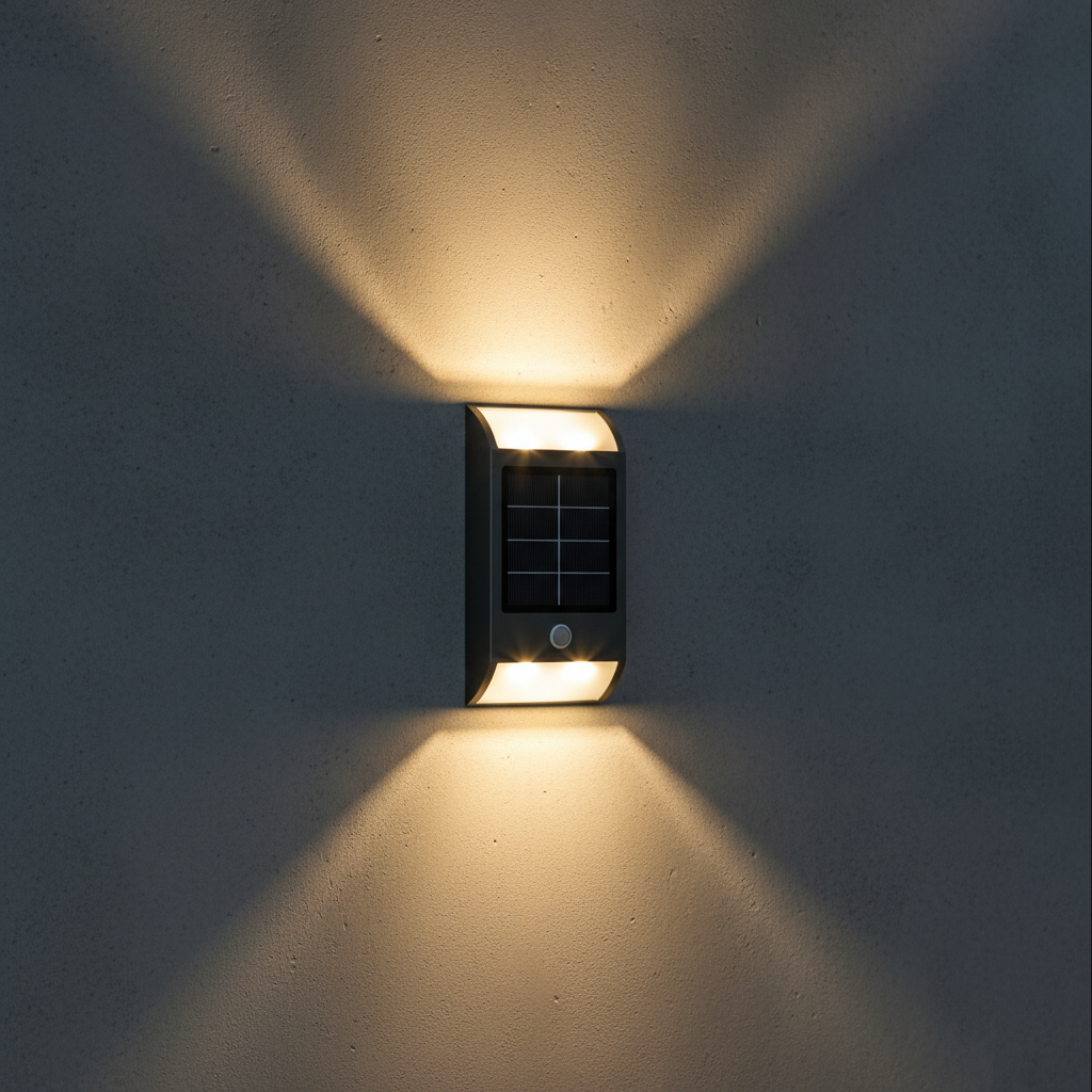 Solar LED Wall Light installed on an exterior wall at night