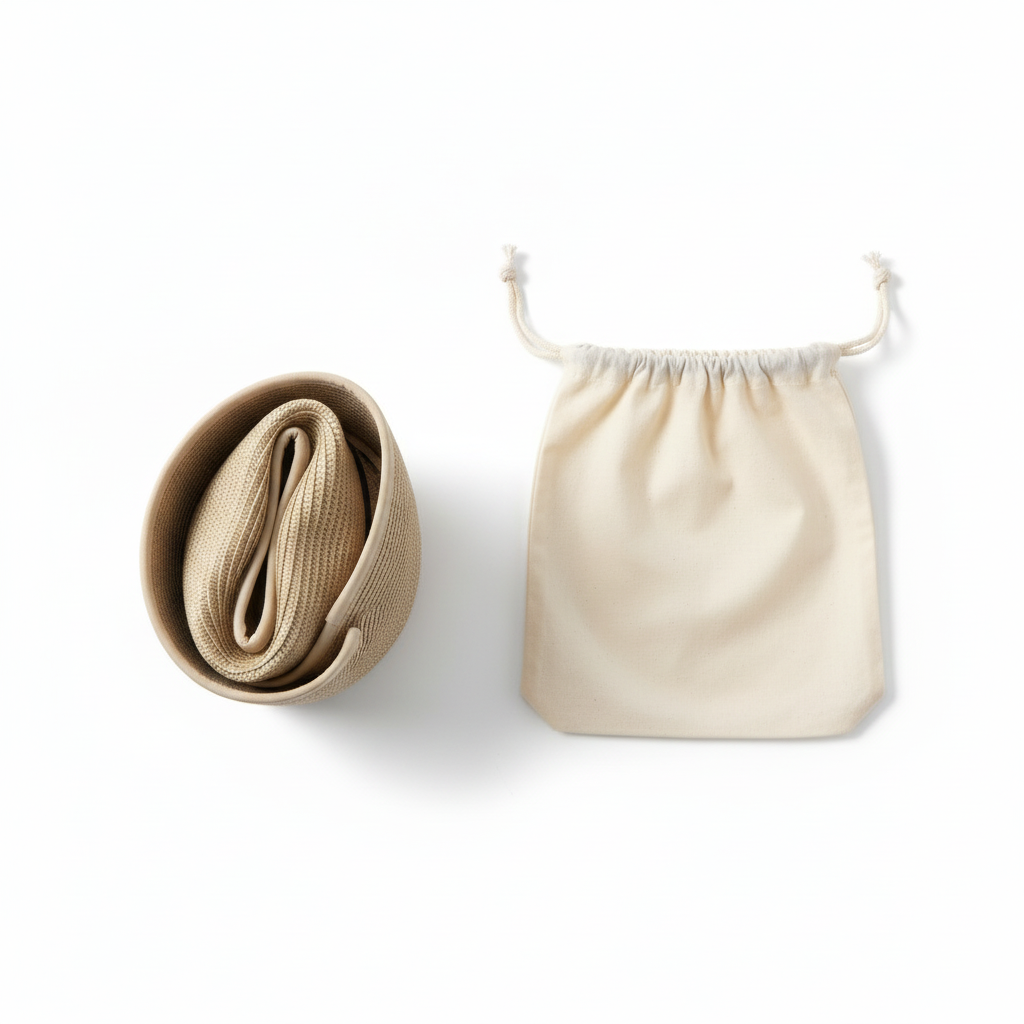 Beige woven wide brim sun hat folded and rolled into a compact travel shape beside a plain cream drawstring storage pouch.