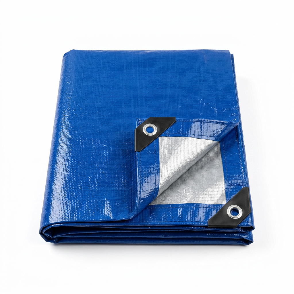Heavy-duty blue and silver PE tarpaulin sheet folded with corner fanned showing woven texture and aluminum eyelet on pure white background