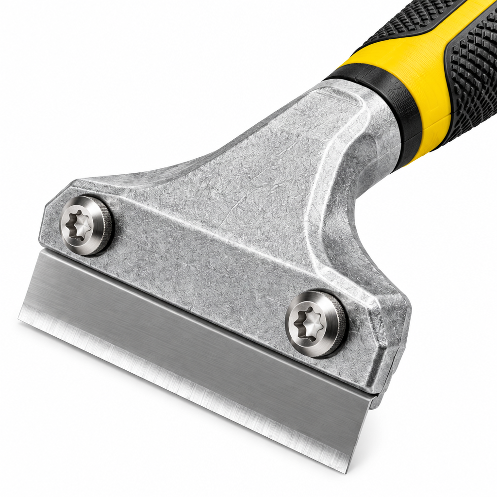 Macro close-up of paint scraper head showing clamped steel blade edge, locking thumbscrews, and textured rubber grip