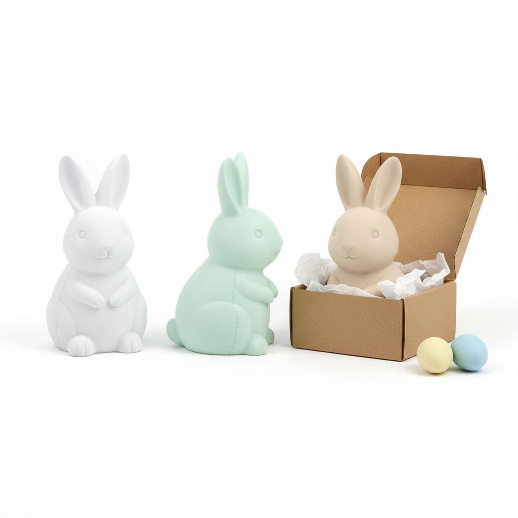 White and mint Easter bunny ornaments shown from front and side with a beige bunny packed in a plain kraft box with protective tissue.
