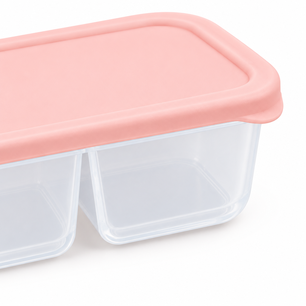 Close-up of the divided snack container pastel silicone snap-on lid and internal separation wall