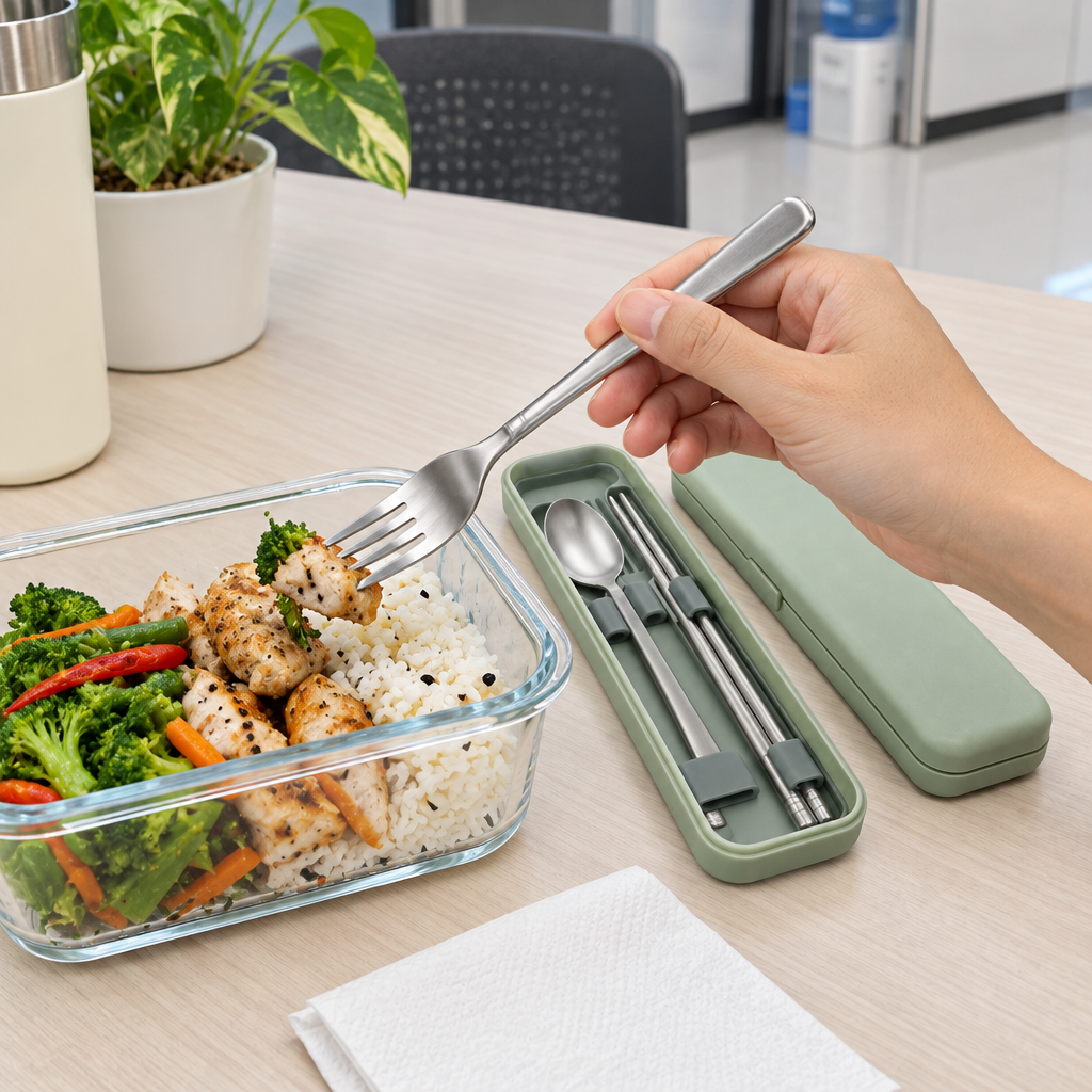 Portable cutlery set used during an office lunch in the Philippines with reusable fork and glass meal container