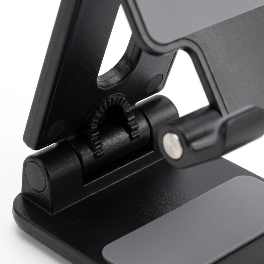 Detail close-up of foldable phone stand showing multi-angle ratchet adjustment teeth, hinge pivot, and silicone pads on white background