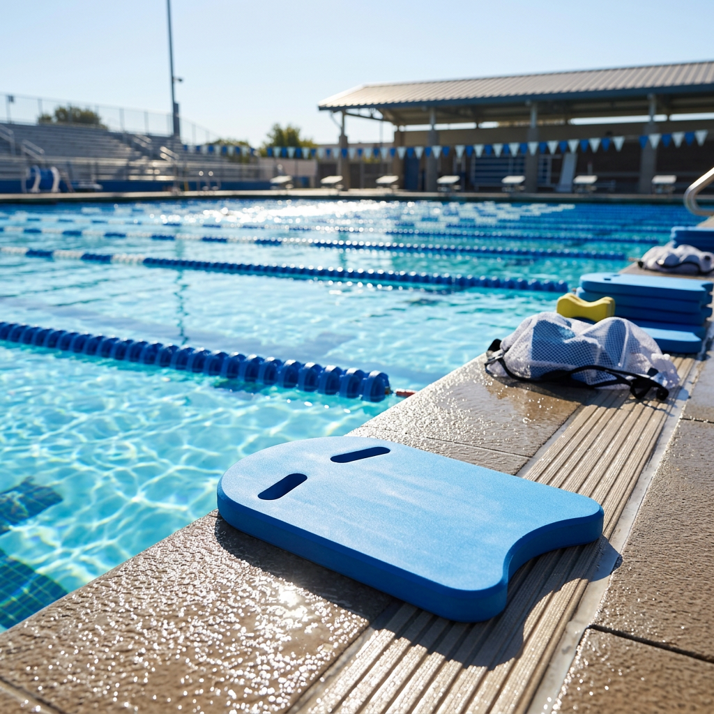 Swimming kickboard placed on the tiled deck of an outdoor pool beside lane lines