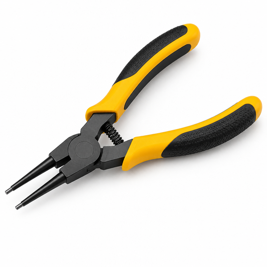 7-inch straight-tip snap ring pliers with corrosion-resistant black phosphate finish, spring-loaded return hinge, and yellow-black dipped handles on a seamless pure white background