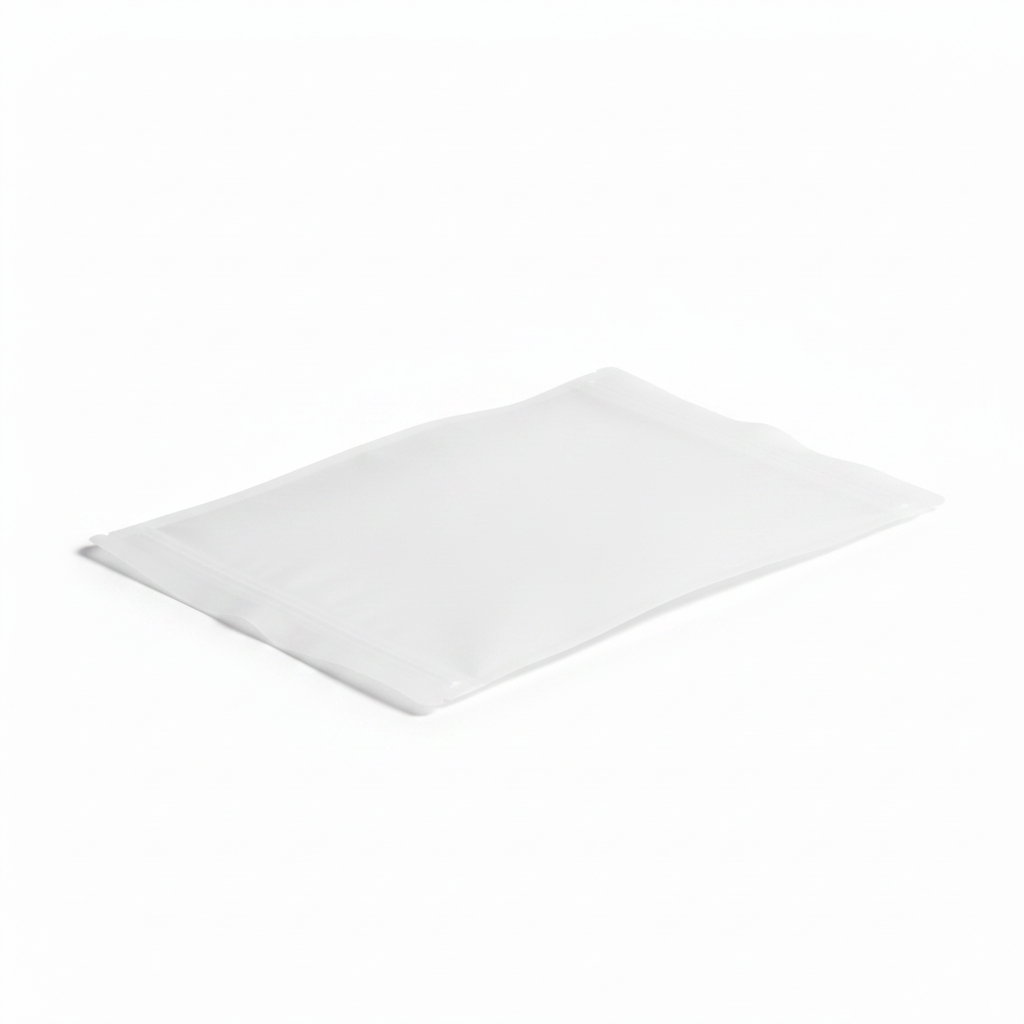 Empty silicone food storage bag laid completely flat on pure white background showing space-saving storage