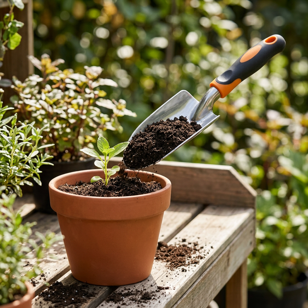 Garden hand trowel scooping and transferring rich potting soil into a terracotta planter with green seedling on wooden potting bench