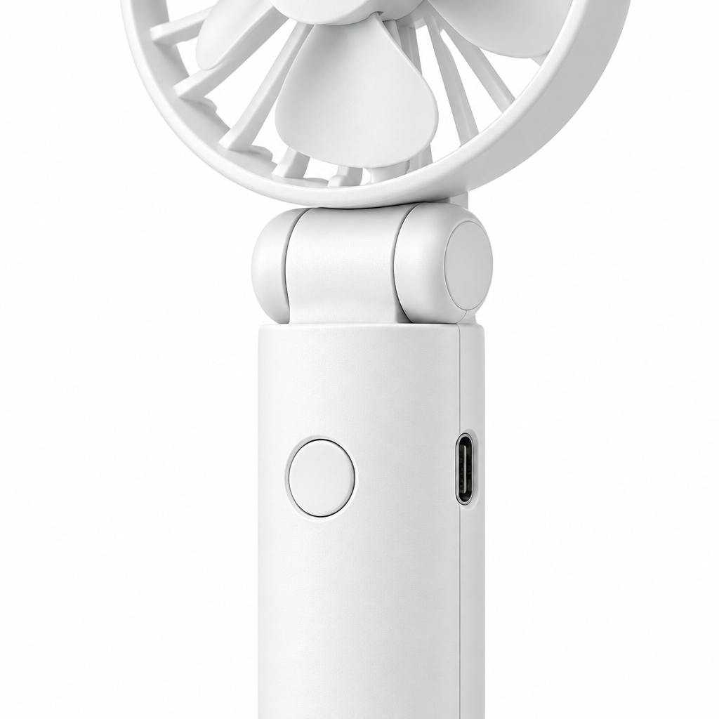 Close-up of the portable folding fan swivel hinge, round power button, and Type-C charging port