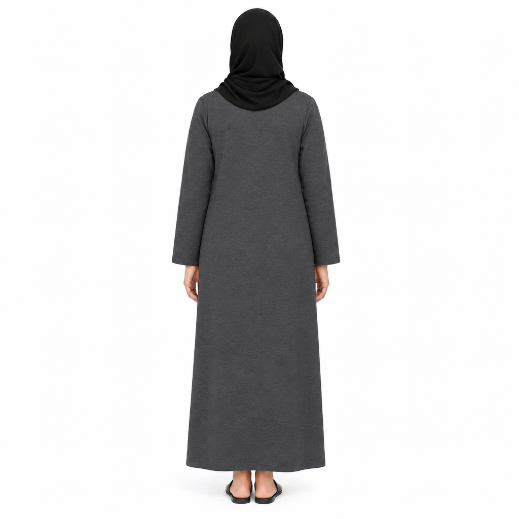 Back view of a charcoal grey long sleeve one-piece modest dress with plain back on white