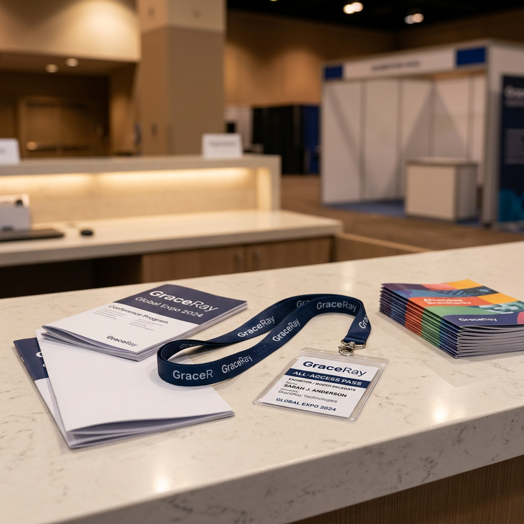 Custom event lanyard with badge holder resting on a conference registration desk