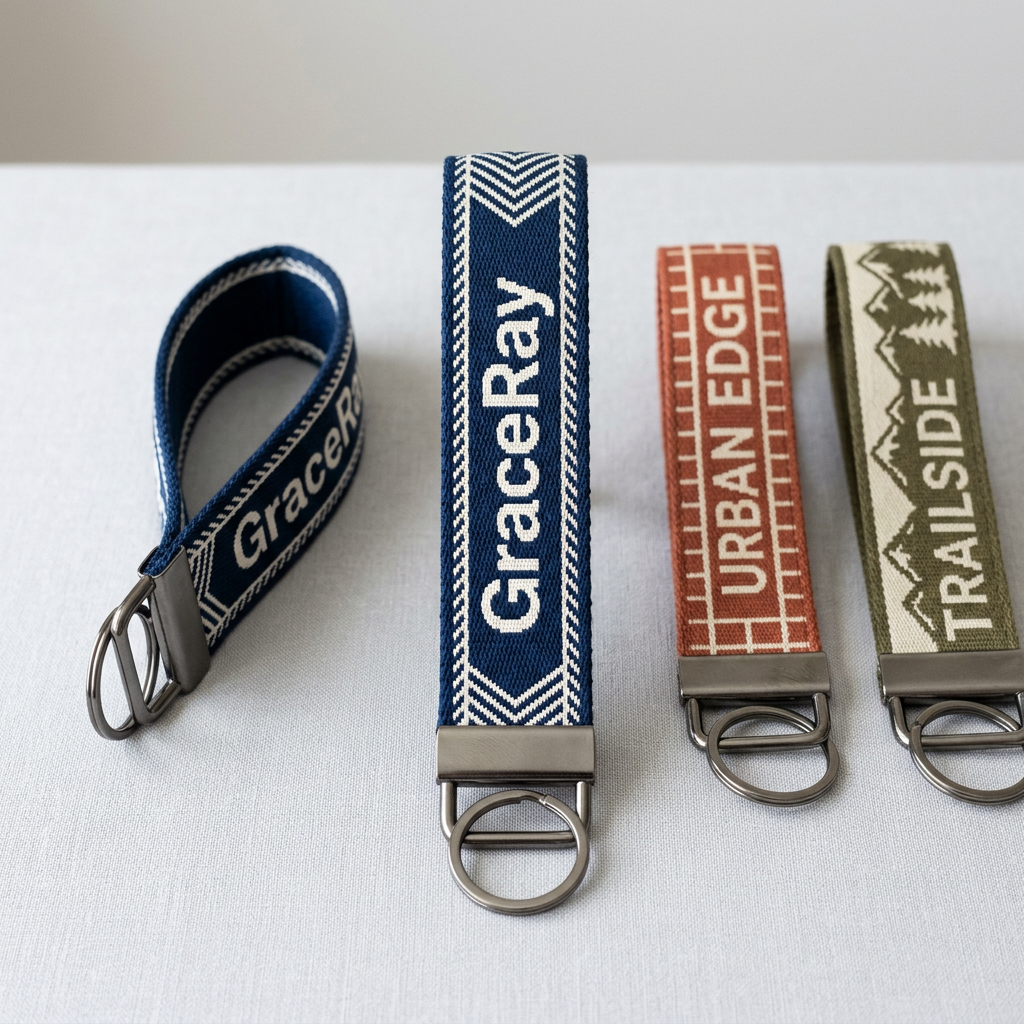Custom woven wristlet keychains with fabric loops, branded patterns, and metal key rings.