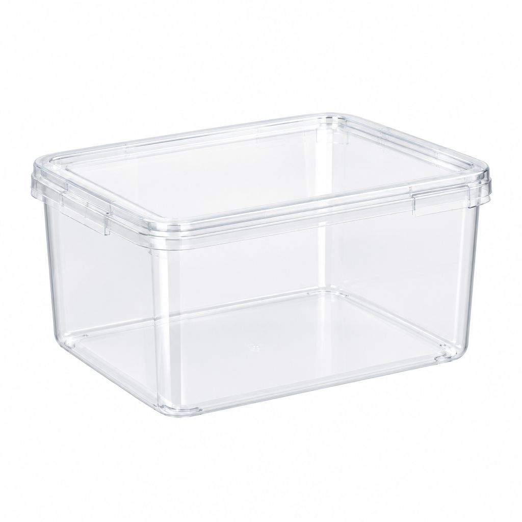 Transparent plastic storage box, fully clear stackable box with clear snap-fit lid on white background