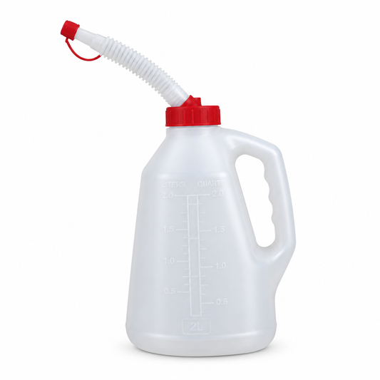 2-liter manual translucent oil dispenser jug with flexible nozzle on a pure white background with comfortable margins