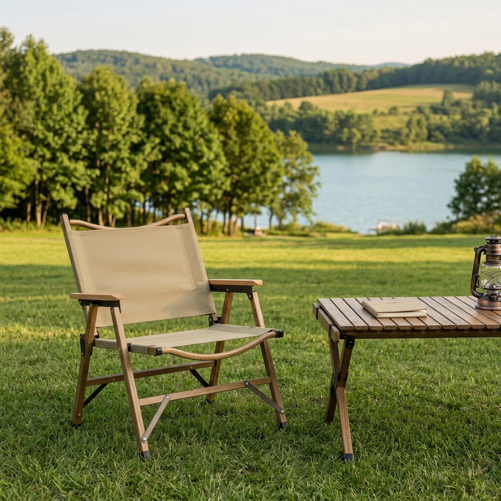 Folding camping chair placed stably on a lawn beside a wooden camping table in a scenic outdoor campground setting