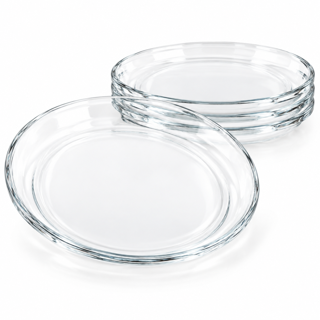 Empty round clear glass serving platter showing transparent finish, alongside a stack of three nested plates demonstrating compact stackable storage on a pure white background