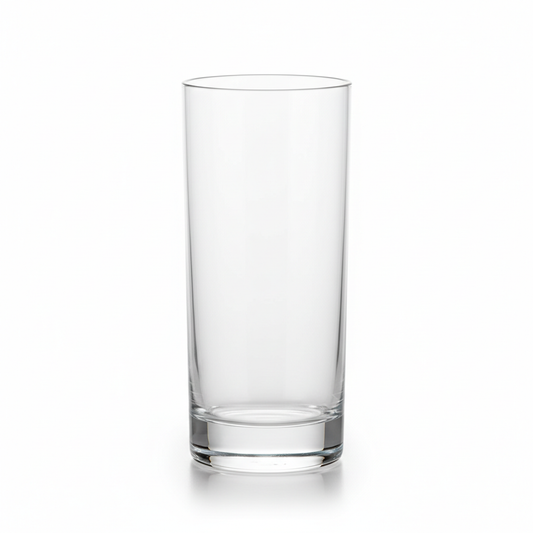 Clear crystal hotel highball drinking glass approximately 350ml with classic tall straight-sided cylindrical shape slightly thicker stable base and optically clear glass on white background with soft shadow, commercial hospitality restaurant bar lounge glassware