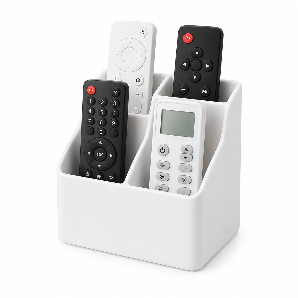 Remote control organizer, white stepped 4-compartment holder with remote controls on white background