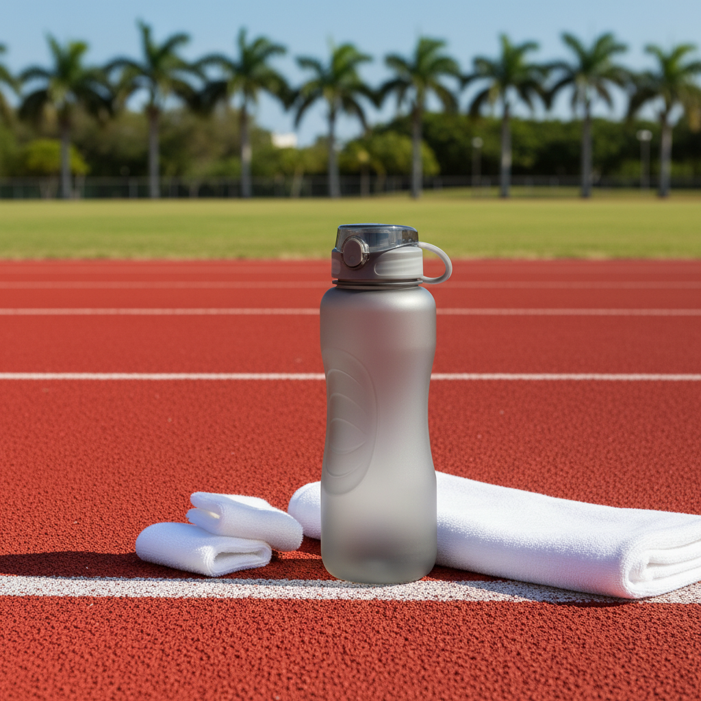 Frosted plastic sports water bottle on running track next to towel and sweatbands