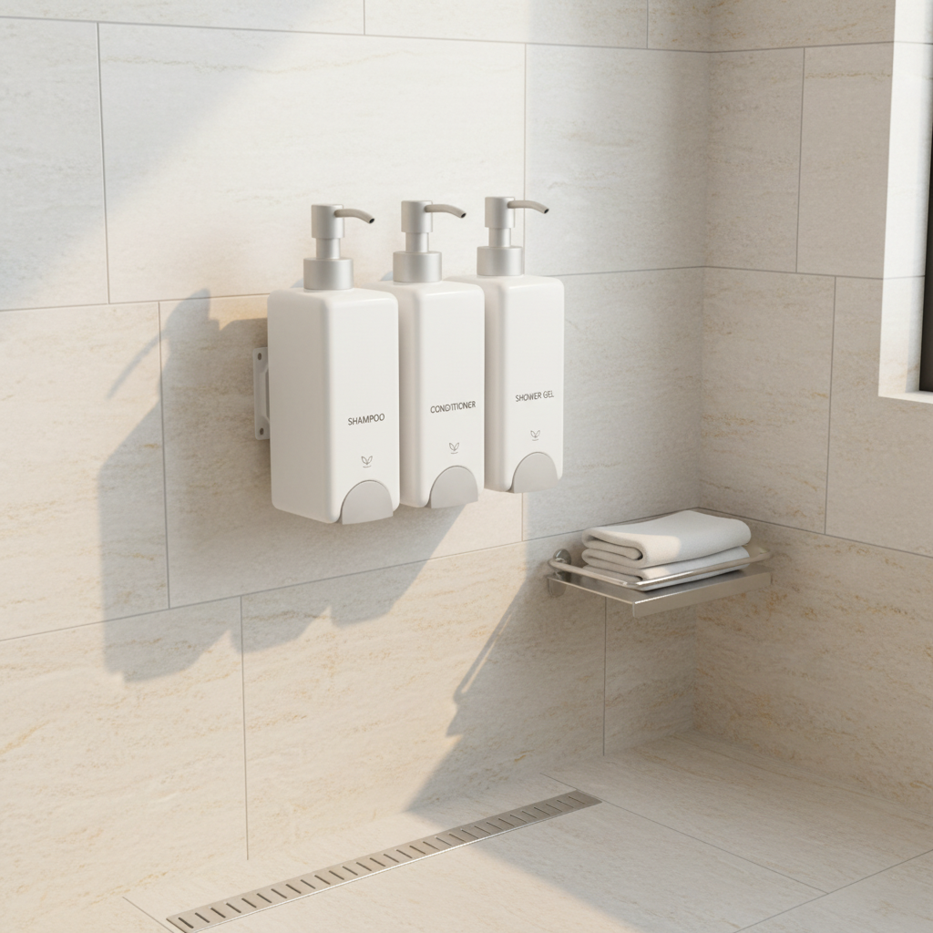 Three refillable hotel dispensers mounted side by side on white shower wall with natural stone tiles, Southeast Asian mid-range hotel bathroom installation