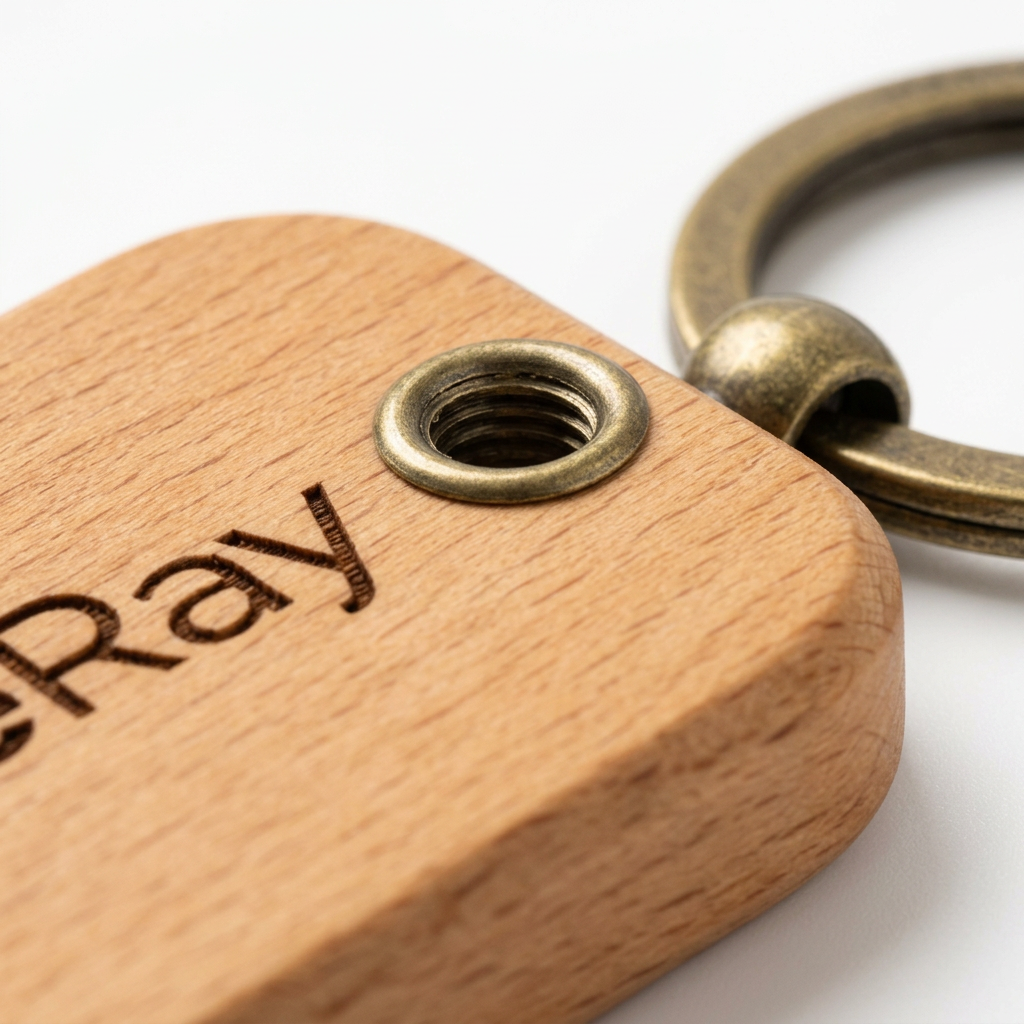 Detail close-up of wooden keychain showing laser engraving depth and natural beechwood grain on white background
