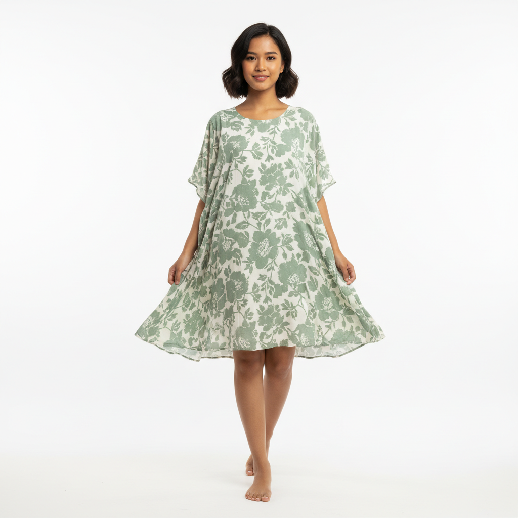 Malaysian female model sage green floral short sleeve dress