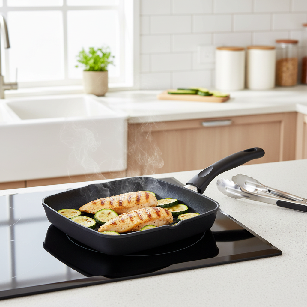 Square non-stick grill pan searing chicken fillets and zucchini on an induction cooktop in a bright home kitchen