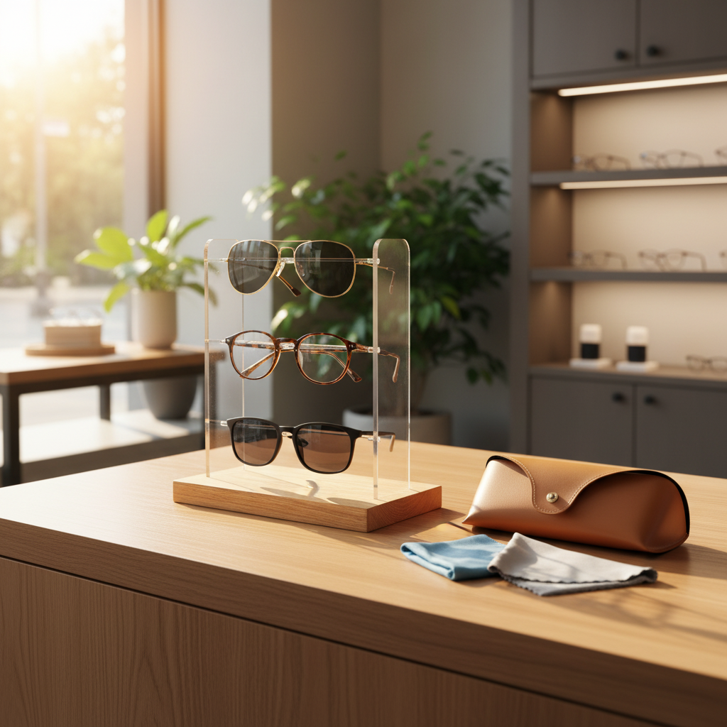 Eyeglass display stand on boutique counter beside cases and cleaning cloths