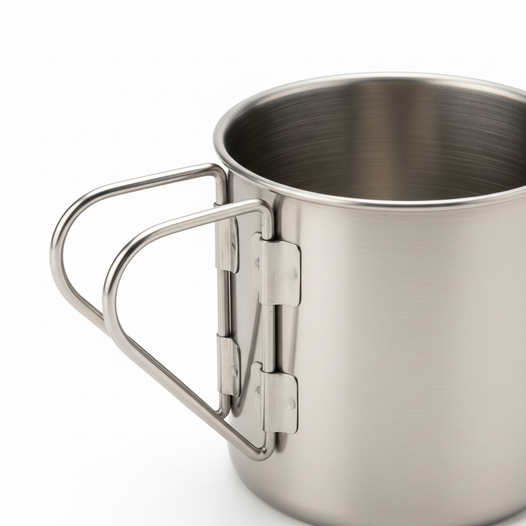 Close-up of folding handle hinge and rolled rim on stainless steel camping cup