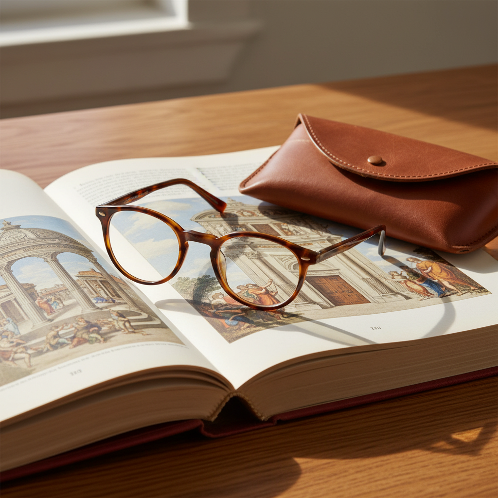 Retro round reading glasses resting on vintage art book with leather pouch on oak desk