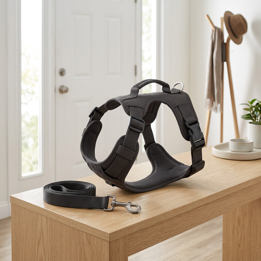 Adjustable dog harness resting on oak console table beside coiled leash in home entryway
