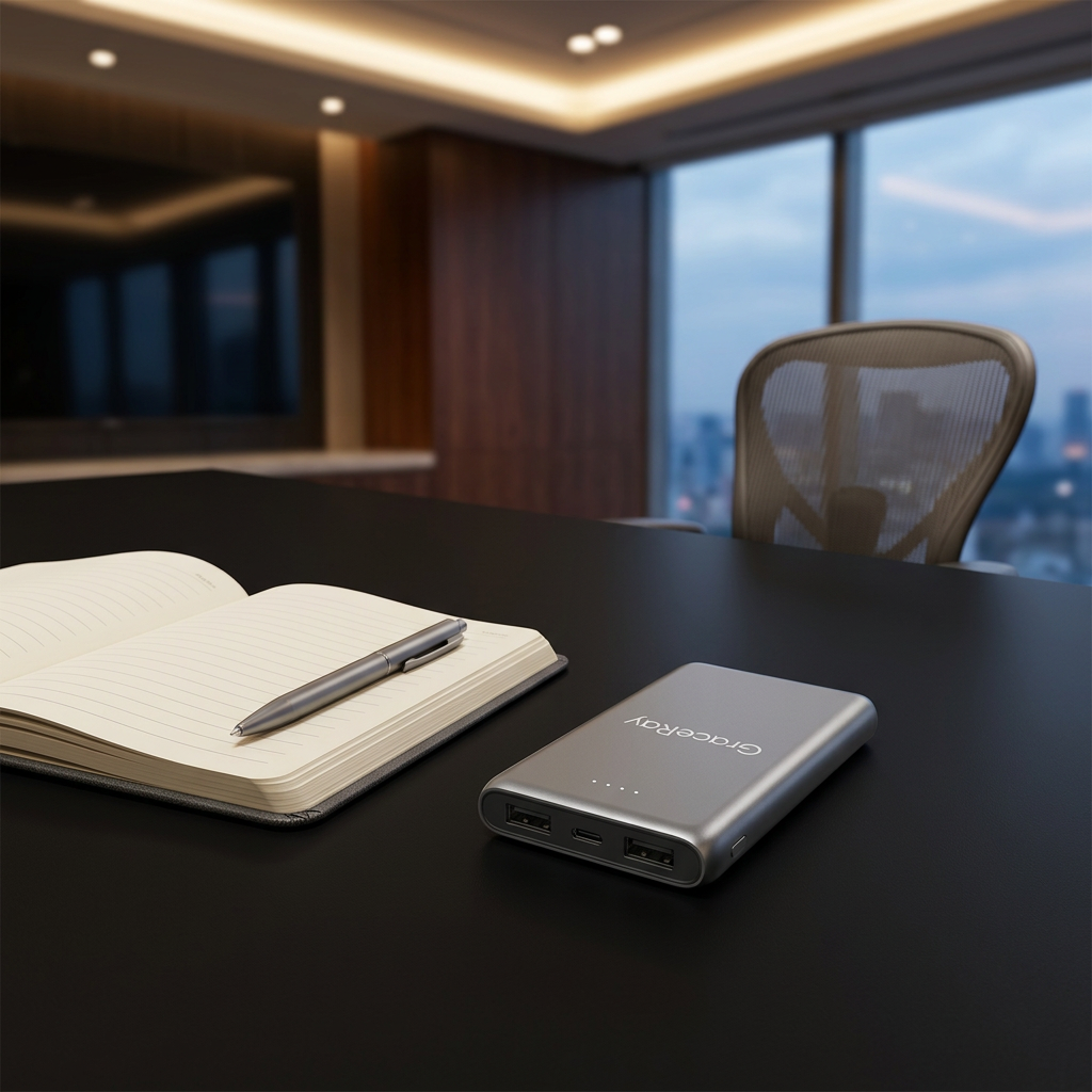 Custom promotional power bank resting on a modern conference room table beside a business notebook for VIP corporate gift display
