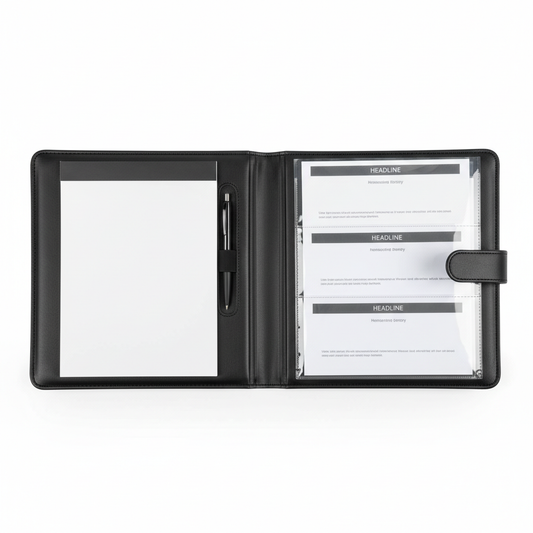 Hotel guest directory folder open with clear pockets on white background