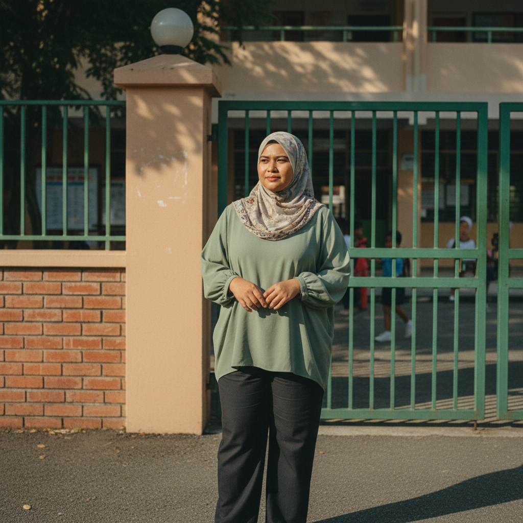 Malaysian Muslim woman green loose blouse picking up child
