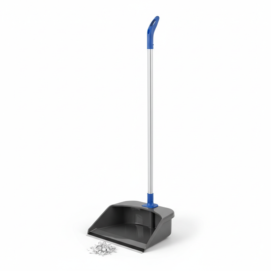 Upright hotel dustpan with long aluminum handle, deep gray pan and flat rubber collection edge on white background