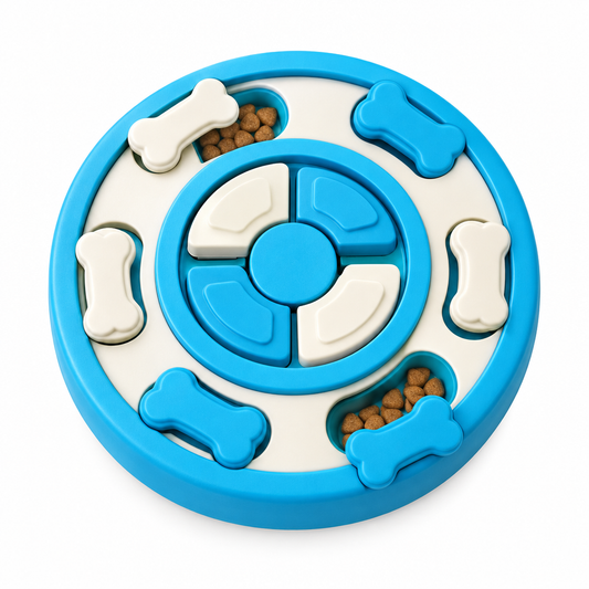 Circular dog treat puzzle board toy with sliding bone-shaped covers and kibble compartments on pure white background