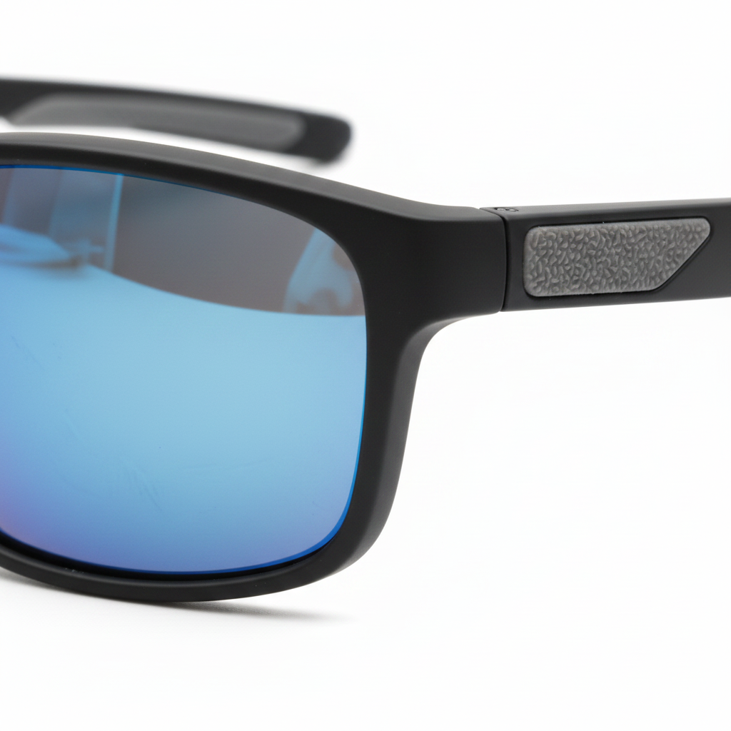 Macro detail of blue mirrored polarized lens and textured rubber temple inlays